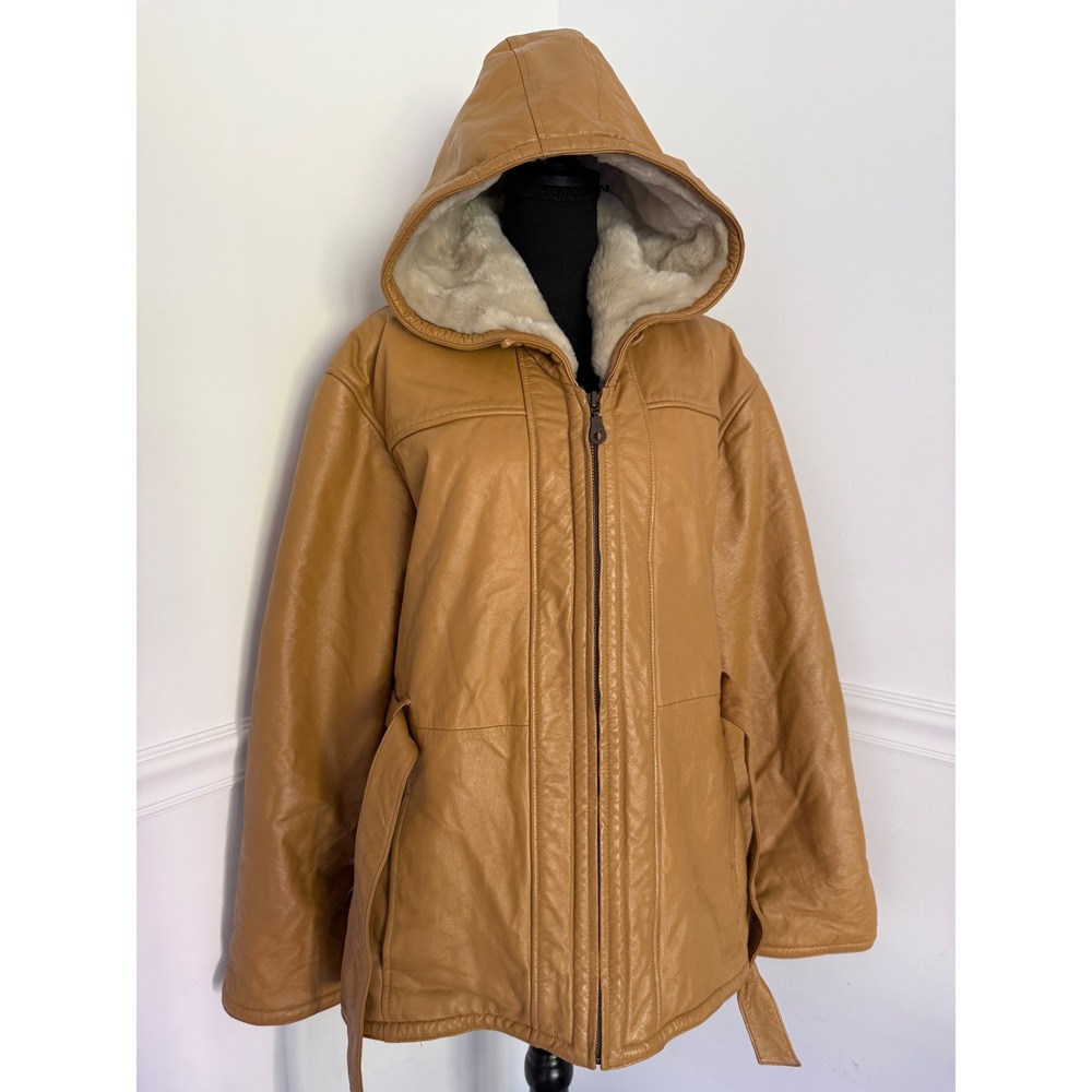 Vintage Wilson Tan Leather Hooded Jacket Faux Fur Lined Belted Parka Camel XL